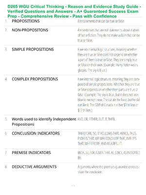 Preview of D265 WGU Critical Thinking - Reason and Evidence Study Guide - Verified Questions and Answ