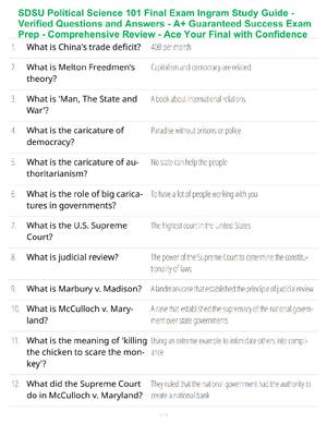Preview of SDSU Political Science 101 Final Exam Ingram Study Guide - Verified Questions and Answers