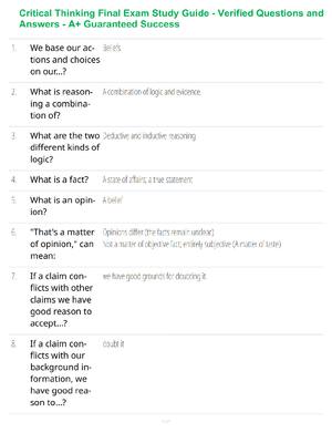 Preview of Critical Thinking Final Exam Study Guide - Verified Questions and Answers - A+ Guaranteed
