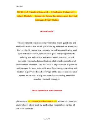 Preview of NURS 328 Nursing Research – Athabasca University – Latest Update – Complete Exam Questions