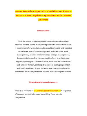 Preview of Asana Workflow Specialist Certification Exam Questions with Correct Answers Latest Update