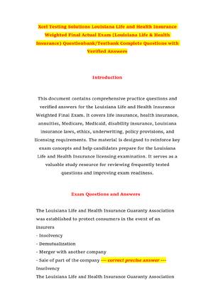 Preview of Xcel Testing Solutions Louisiana Life and Health Insurance Weighted Final Actual Exam (Lou