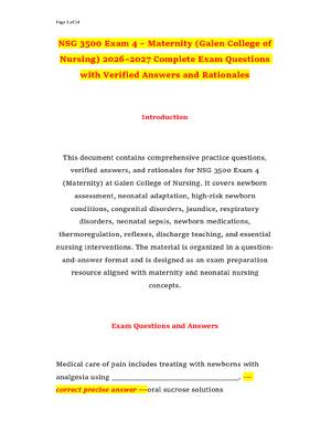 Preview of NSG 3500 Exam 4 – Maternity (Galen College of Nursing) 2026–2027 Complete Exam Questions w