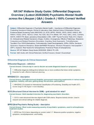 Preview of NR 547 Midterm Study Guide: Differential Diagnosis Overview | (Latest 2025/2026) Psychiatric-Mental Health across the Lifespan | Q&amp;A | Grade A | 100% Correct Verified