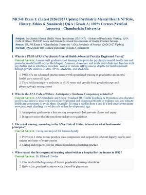 Preview of NR 548 Exam 1: (Latest 2026/2027 Update) Psychiatric-Mental Health NP Role, History, Ethics &amp; Standards | Q&amp;A | Grade A | 100% Correct (Verified Answers) – Chamberlain University