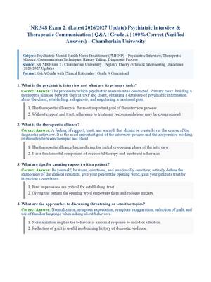 Preview of NR 548 Exam 2: (Latest 2026/2027 Update) Psychiatric Interview &amp; Therapeutic Communication | Q&amp;A | Grade A | 100% Correct (Verified Answers) – Chamberlain University