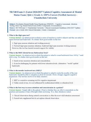 Preview of NR 548 Exam 3: (Latest 2026/2027 Update) Cognitive Assessment &amp; Mental Status Exam | Q&amp;A | Grade A | 100% Correct (Verified Answers)  Chamberlain University