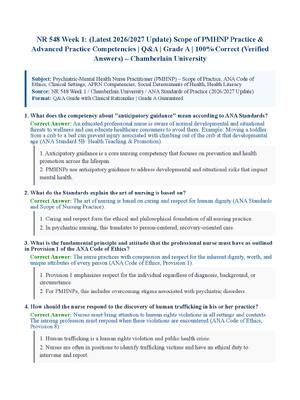 Preview of NR548/ NR 548 Week 1 (Latest 2026/2027 Update) | Complete Exam Questions with Verified Answers and Detailed Rationales | PMHNP Role, APRN Competencies, Ethics &amp; Mental Health Impact | A+ Graded