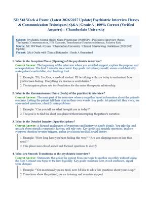Preview of NR 548 Week 4 Exam: (Latest 2026/2027 Update) Psychiatric Interview Phases &amp; Communication Techniques | Q&amp;A | Grade A | 100% Correct (Verified Answers) – Chamberlain University