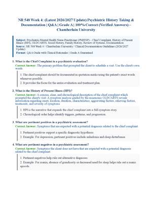 Preview of NR 548 Week 4: (Latest 2026/2027 Update) Psychiatric History Taking &amp; Documentation | Q&amp;A | Grade A | 100% Correct (Verified Answers)  Chamberlain University