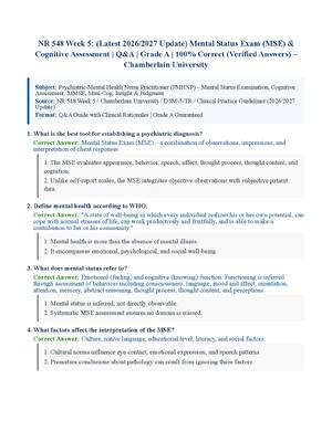 Preview of NR 548 Week 5: (Latest 2026/2027 Update) Mental Status Exam (MSE) &amp; Cognitive Assessment | Q&amp;A | Grade A | 100% Correct (Verified Answers)  Chamberlain University