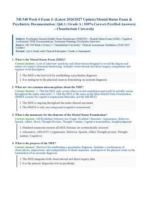 Preview of NR 548 Week 6 Exam 3: (Latest 2026/2027 Update) Mental Status Exam &amp; Psychiatric Documentation | Q&amp;A | Grade A | 100% Correct (Verified Answers)– Chamberlain University