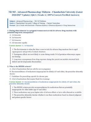 Preview of NR 565 - Advanced Pharmacology Midterm - Chamberlain University (Latest 2026/2027 Update) | Q&amp;A | Grade A | 100% Correct (Verified Answers)