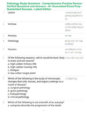 Preview of Pathology Study Questions - Comprehensive Practice Review - Verified Questions and Answers - A+ Guaranteed Exam Prep - Guaranteed Success - Latest Edition