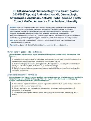 Preview of NR 565 Advanced Pharmacology Final Exam: (Latest 2026/2027 Update) Anti-Infectives, GI, Dermatologic, Antiparasitic, Antifungal, Antiviral | Q&amp;A | Grade A