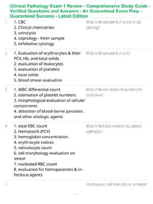 Preview of Clinical Pathology Exam 1 Review - Comprehensive Study Guide - Verified Questions and Answ