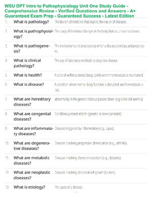 Preview of WSU DPT Intro to Pathophysiology Unit One Study Guide - Comprehensive Review - Verified Qu