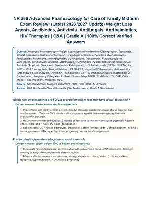 Preview of NR 566 Advanced Pharmacology for Care of Family Midterm Exam Review: (Latest 2026/2027 Update) Weight Loss Agents, Antibiotics, Antivirals, Antifungals, Antihelmintics, HIV Therapies | Q&amp;A | Grade A | 100% Correct Verified Answers