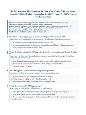 Preview of NR 566 Advanced Pharmacology for Care of the Family Midterm Exam: (Latest 2024/2025 Update) Comprehensive Q&amp;A | Grade A | 100% Correct (Verified Answers)