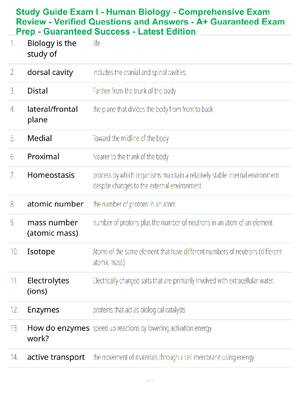 Preview of Study Guide Exam I - Human Biology - Comprehensive Exam Review - Verified Questions and An