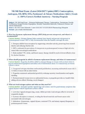 Preview of NR 568 Final Exam: (Latest 2026/2027 Update) HRT, Contraceptives, Androgens, ED, BPH, STIs, Parkinson's &amp; Seizure Medications | Q&amp;A | Grade A | 100% Correct (Verified Answers)