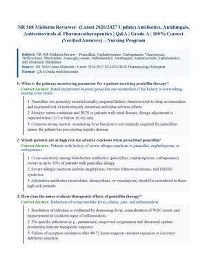 Preview of NR 568 Midterm Reviewer: (Latest 2026/2027 Update) Antibiotics, Antifungals, Antiretrovirals &amp; Pharmacotherapeutics | Q&amp;A | Grade A | 100% Correct (Verified Answers)