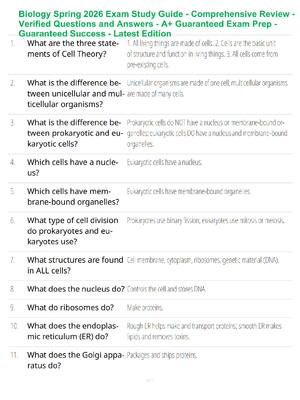 Preview of Biology Spring 2026 Exam Study Guide - Comprehensive Review - Verified Questions and Answe