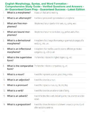 Preview of English Morphology, Syntax, and Word Formation - Comprehensive Study Guide - Verified Ques