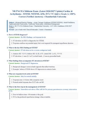 Preview of NR 574 CEA Midterm Exam: (Latest 2026/2027 Update) Cardiac & Arrhythmias - STEMI, NSTEMI,