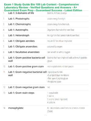 Preview of Exam 1 Study Guide Bio 109 Lab Content - Comprehensive Laboratory Review - Verified Questi
