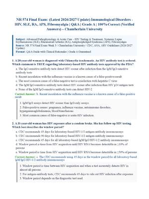 Preview image for NR 574 Final Exam: (Latest 2026/2027 Update) Immunological Disorders  HIV, SLE, RA, APS, Fibromyalgia | Q&A | Grade A | 100% Correct (Verified Answers) – Chamberlain University