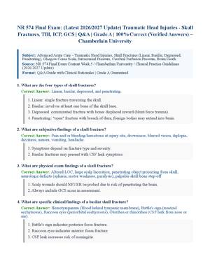 Preview image for NR 574 Final Exam: (Latest 2026/2027 Update) Traumatic Head Injuries - Skull Fractures, TBI, ICP, GCS | Q&A | Grade A | 100% Correct (Verified Answers)  Chamberlain University
