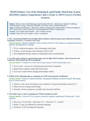 Preview of NR 601 Primary Care of the Maturing &amp; Aged Family Final Exam: (Latest 2025/2026 Update) Comprehensive Q&amp;A | Grade A | 100% Correct (Verified Answers)