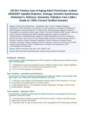 Preview of NR 601 Primary Care of Aging Adult Final Exam: (Latest 2026/2027 Update) Diabetes, Urology, Geriatric Syndromes, Alzheimer's, Delirium, Dementia, Palliative Care | Q&amp;A