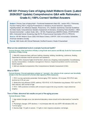 Preview of NR 601 Primary Care of Aging Adult Midterm Exam: (Latest 2026/2027 Update) Comprehensive Q&amp;A with Rationales | Grade A | 100% Correct Verified Answers