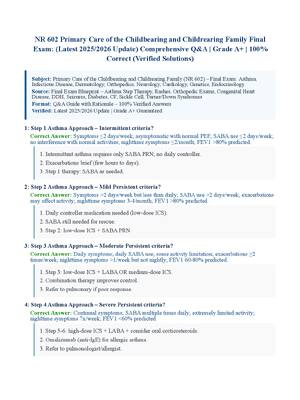 Preview of NR 602 Primary Care of the Childbearing and Childrearing Family Final Exam: (Latest 2025/2026 Update) Comprehensive Q&amp;A | Grade A+ | 100% Correct (Verified Solutions
