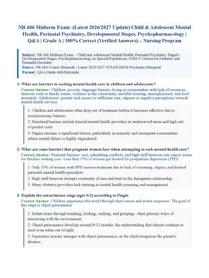 Preview of NR 606 Midterm Exam: (Latest 2026/2027 Update) Child & Adolescent Mental Health, Perinatal