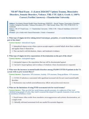Preview of NR 607 Final Exam - 3: (Latest 2026/2027 Update) Trauma, Dissociative Disorders, Somatic D
