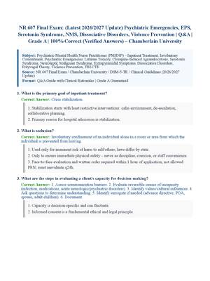 Preview of NR 607 Final Exam: (Latest 2026/2027 Update) Psychiatric Emergencies, EPS, Serotonin Syndr