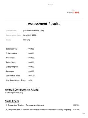Preview of Simucase Judith Intervention (SLP) Complete Assessment Results, Skills Check Answers, Trea