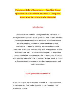 Preview of Fundamentals of Insurance – Practice Exam Questions with Correct Answers – Complete Insura