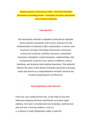 Preview of Fundamentals of Insurance (BC) – British Columbia Insurance Licensing Exam – Complete Prac