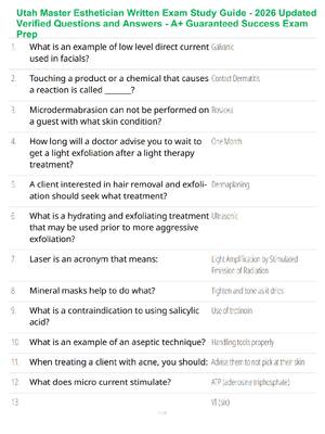 Preview of Utah Master Esthetician Written Exam Study Guide - 2026 Updated Verified Questions and Ans