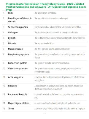 Preview of Virginia Master Esthetician Theory Study Guide - 2026 Updated Verified Questions and Answe
