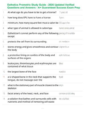 Preview of Esthetics Prometric Study Guide - 2026 Updated Verified Questions and Answers - A+ Guarant
