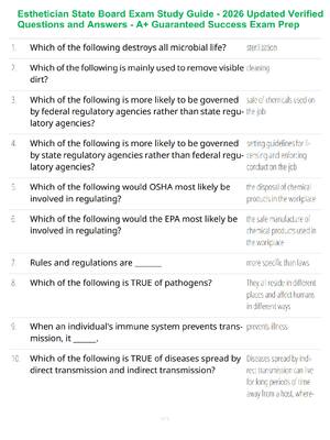 Preview of Esthetician State Board Exam Study Guide - 2026 Updated Verified Questions and Answers - A