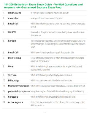 Preview of 101-200 Esthetician Exam Study Guide - Verified Questions and Answers - A+ Guaranteed Succ