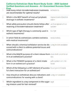 Preview of California Esthetician State Board Study Guide - 2026 Updated Verified Questions and Answe
