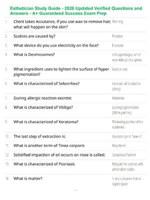 Preview of Esthetician Study Guide - 2026 Updated Verified Questions and Answers - A+ Guaranteed Succ