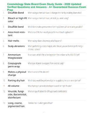 Preview of Cosmetology State Board Exam Study Guide - 2026 Updated Verified Questions and Answers - A